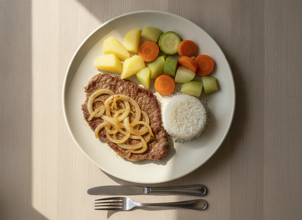 Bife acebolado com legumes cozidos photo