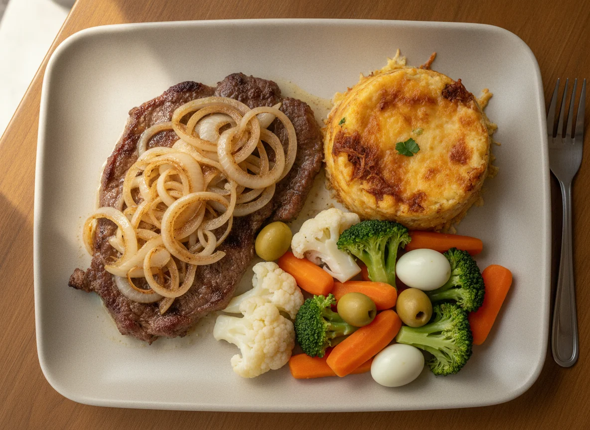 Bife acebolado com legumes e escondidinho photo