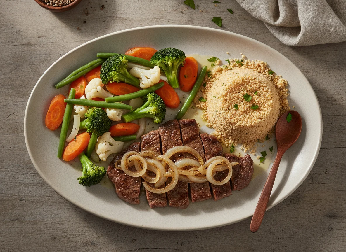 Bife acebolado com legumes e farofa photo