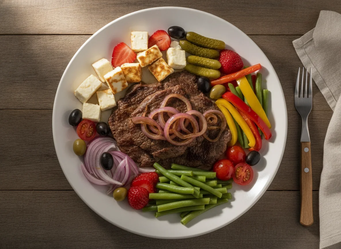 Bife acebolado com legumes e frutas photo