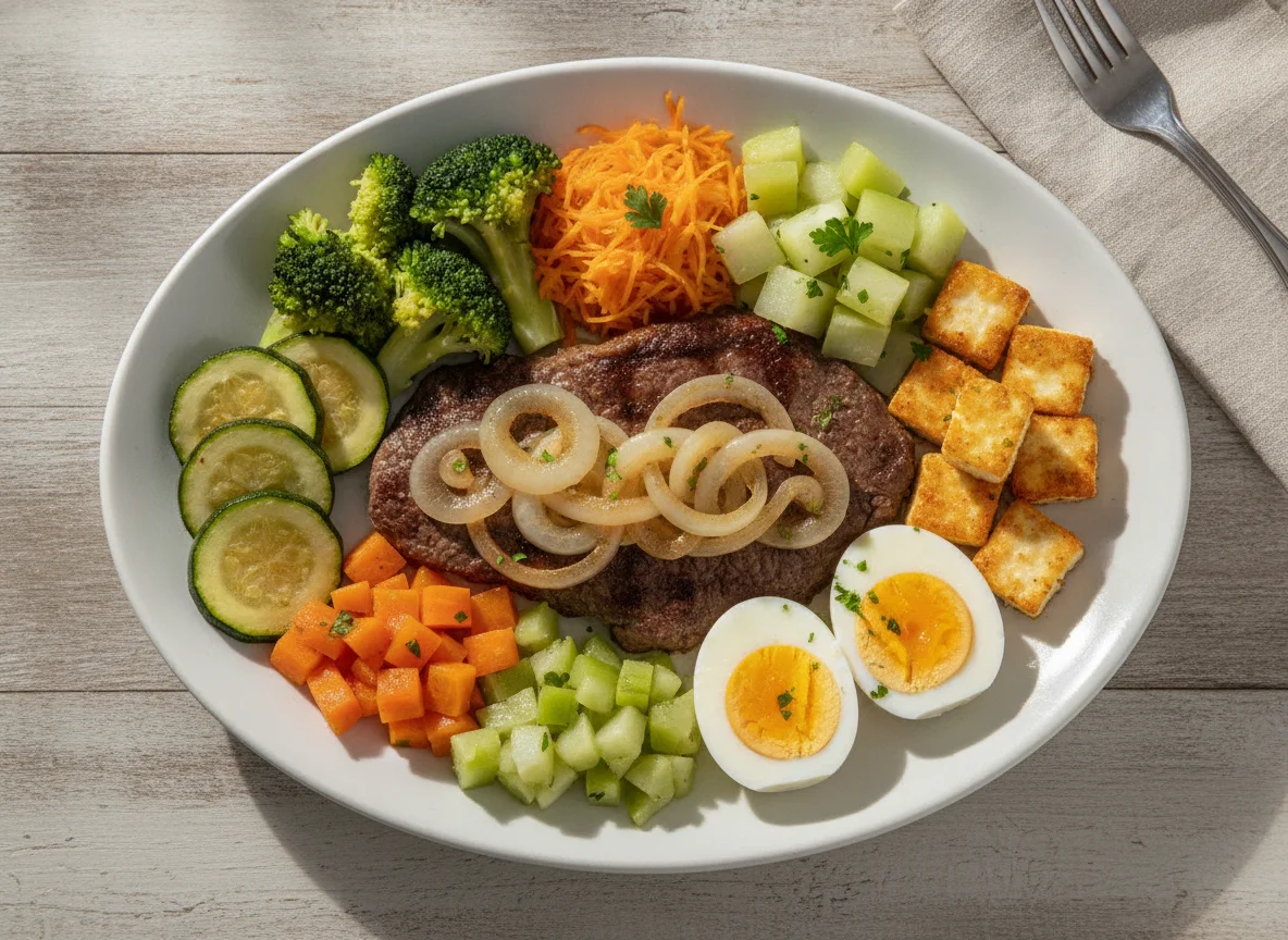 Bife acebolado com legumes e ovo cozido photo