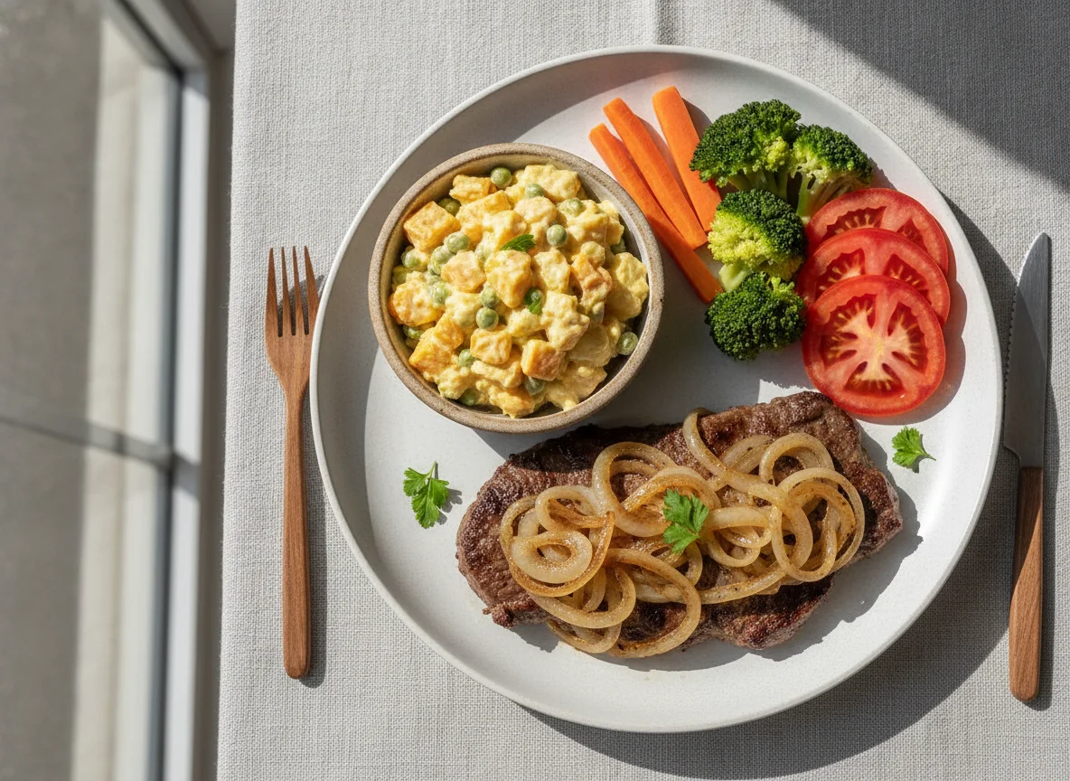 Bife acebolado com legumes e salada de maionese photo