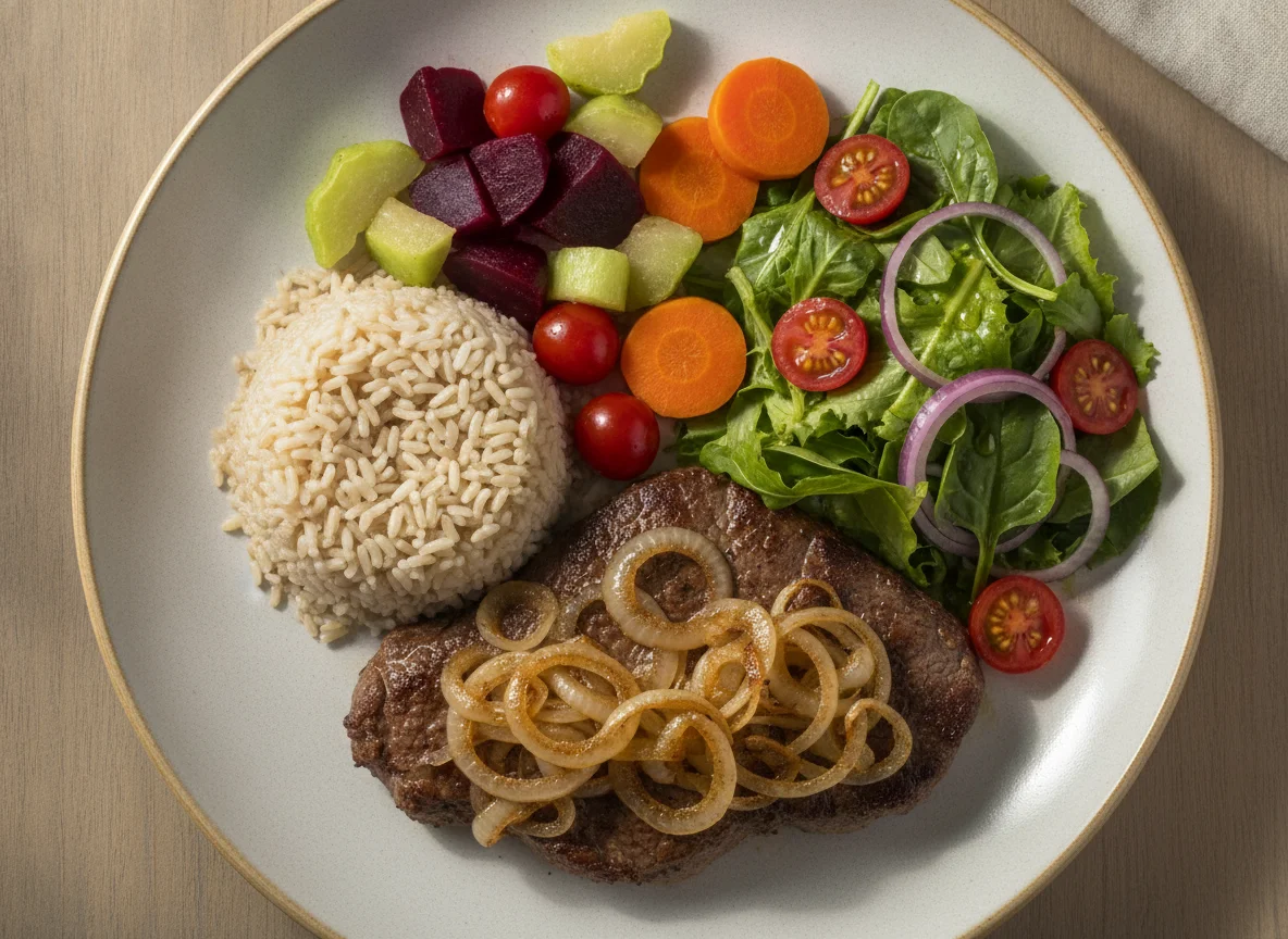 Bife acebolado com legumes e salada photo