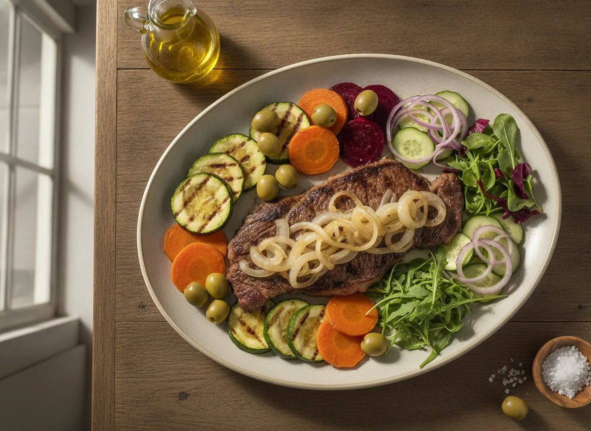 Bife acebolado com legumes variados photo