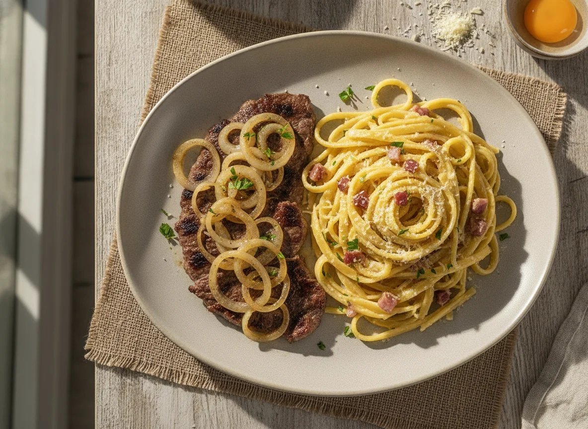 Bife acebolado com macarrão à carbonara photo