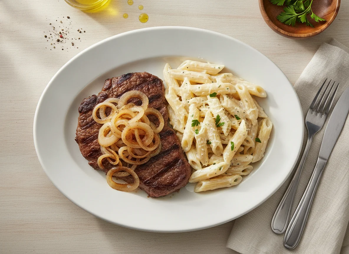 Bife acebolado com macarrão ao molho branco photo