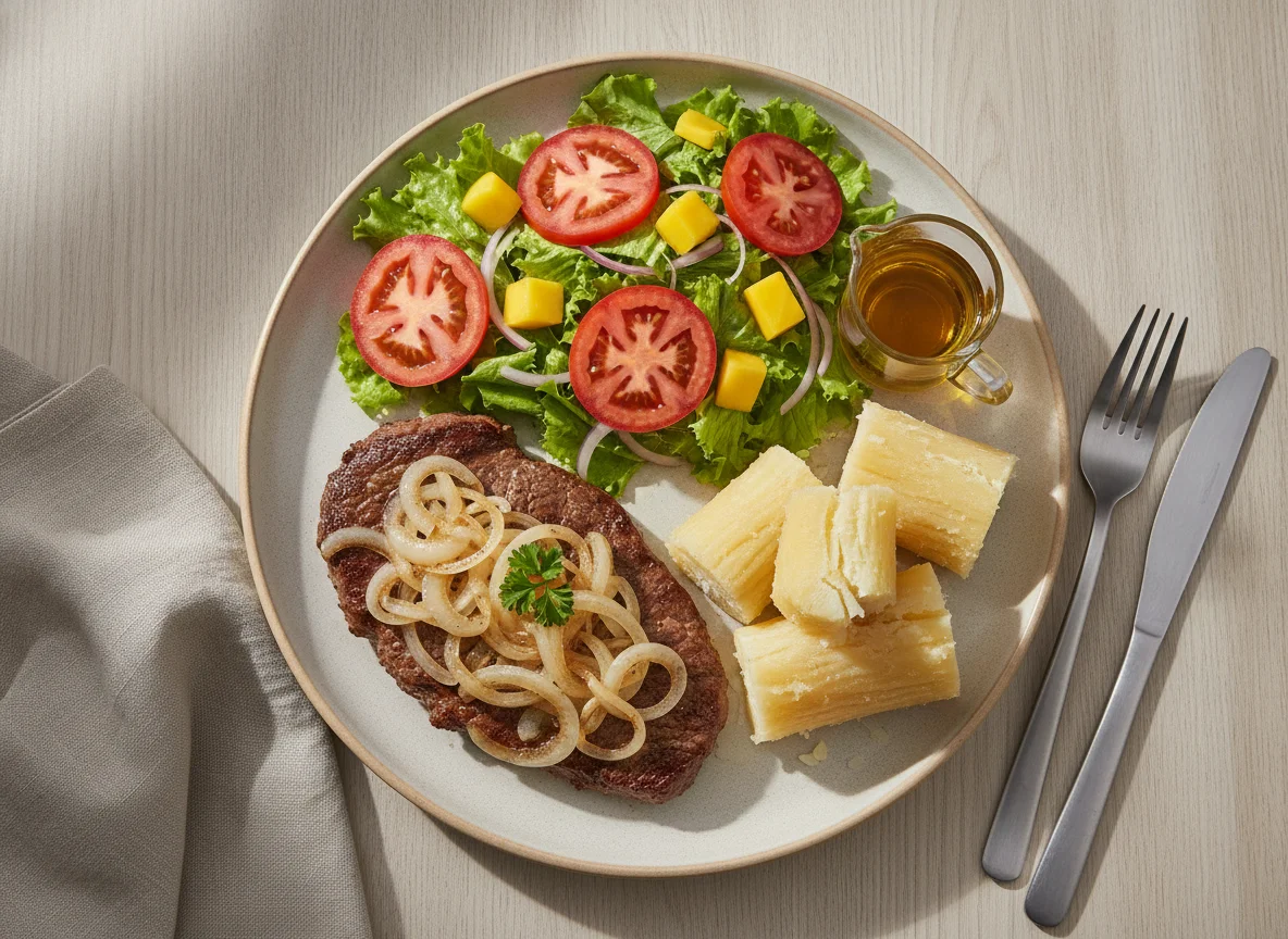 Bife acebolado com mandioca cozida e salada mista photo
