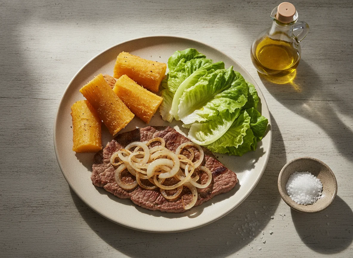 Bife acebolado com mandioca e salada photo