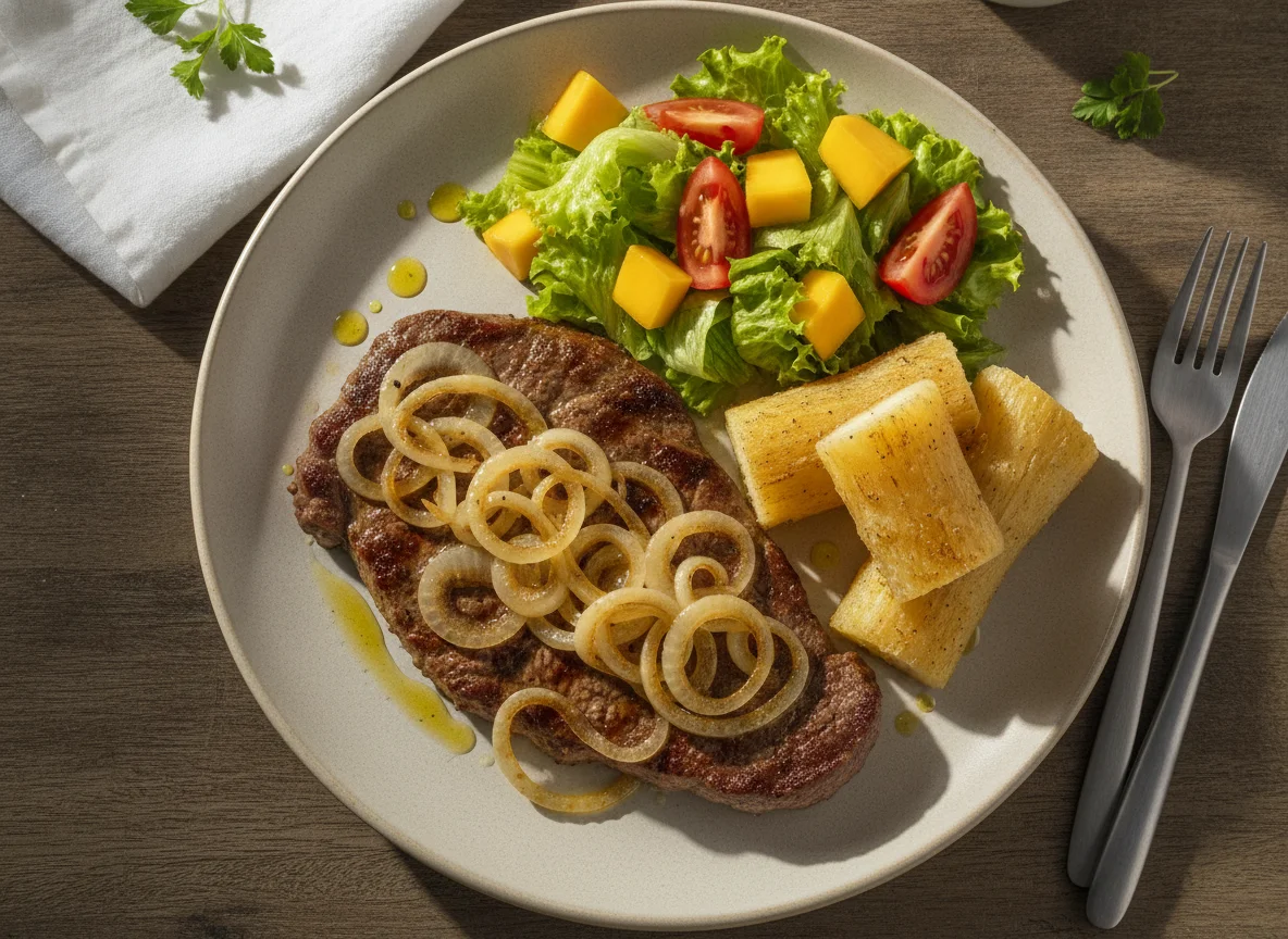 Bife acebolado com mandioca e salada mista photo