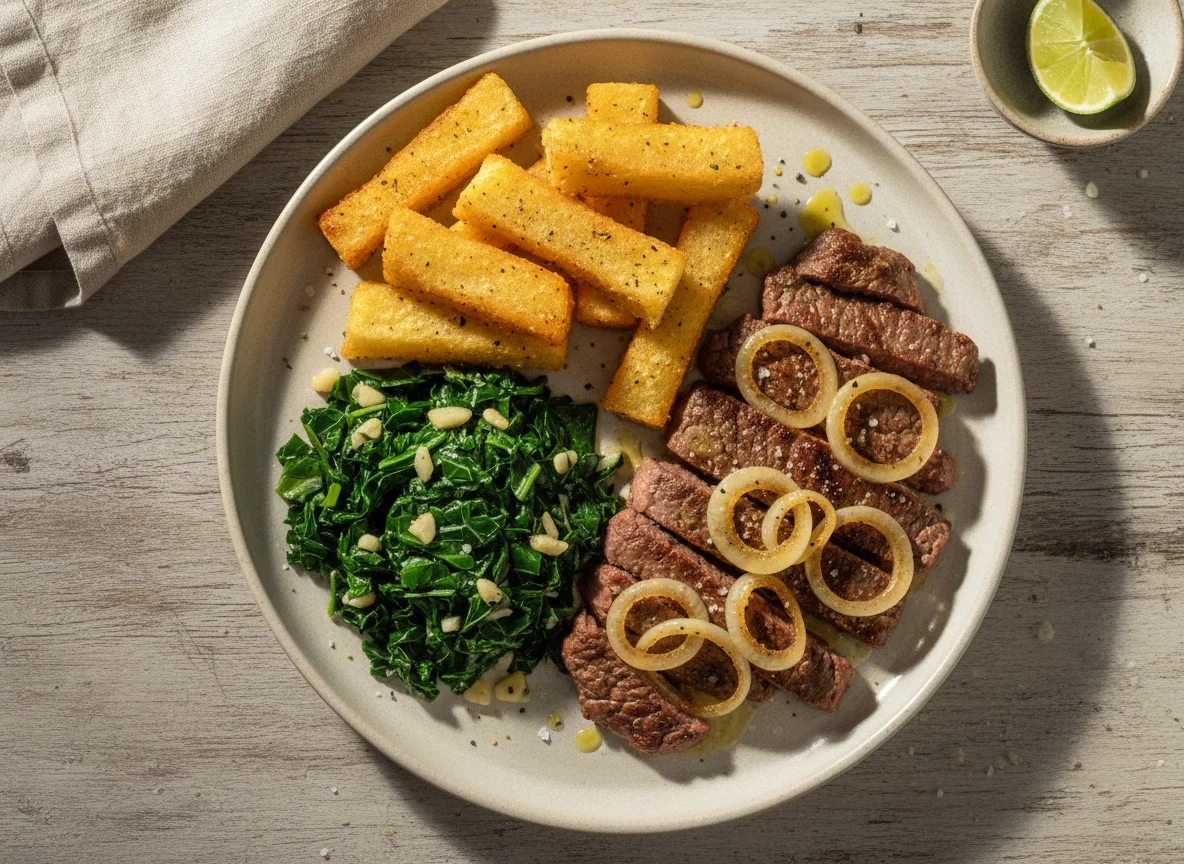 Bife Acebolado com Mandioca Frita e Couve Refogada photo