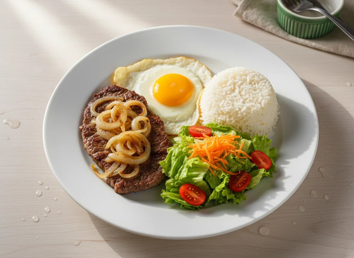 Bife acebolado com ovo, arroz e salada photo