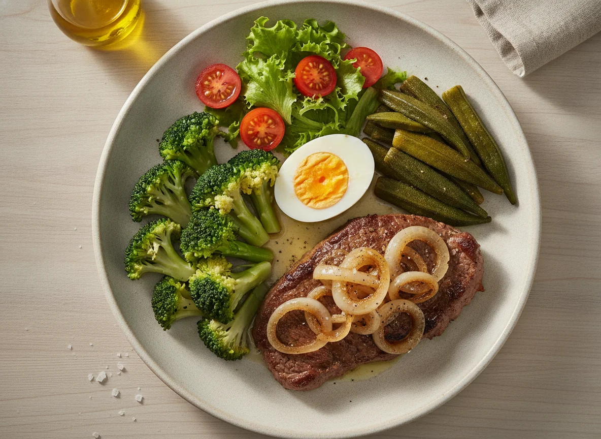 Bife acebolado com ovo cozido, brócolis e quiabo photo