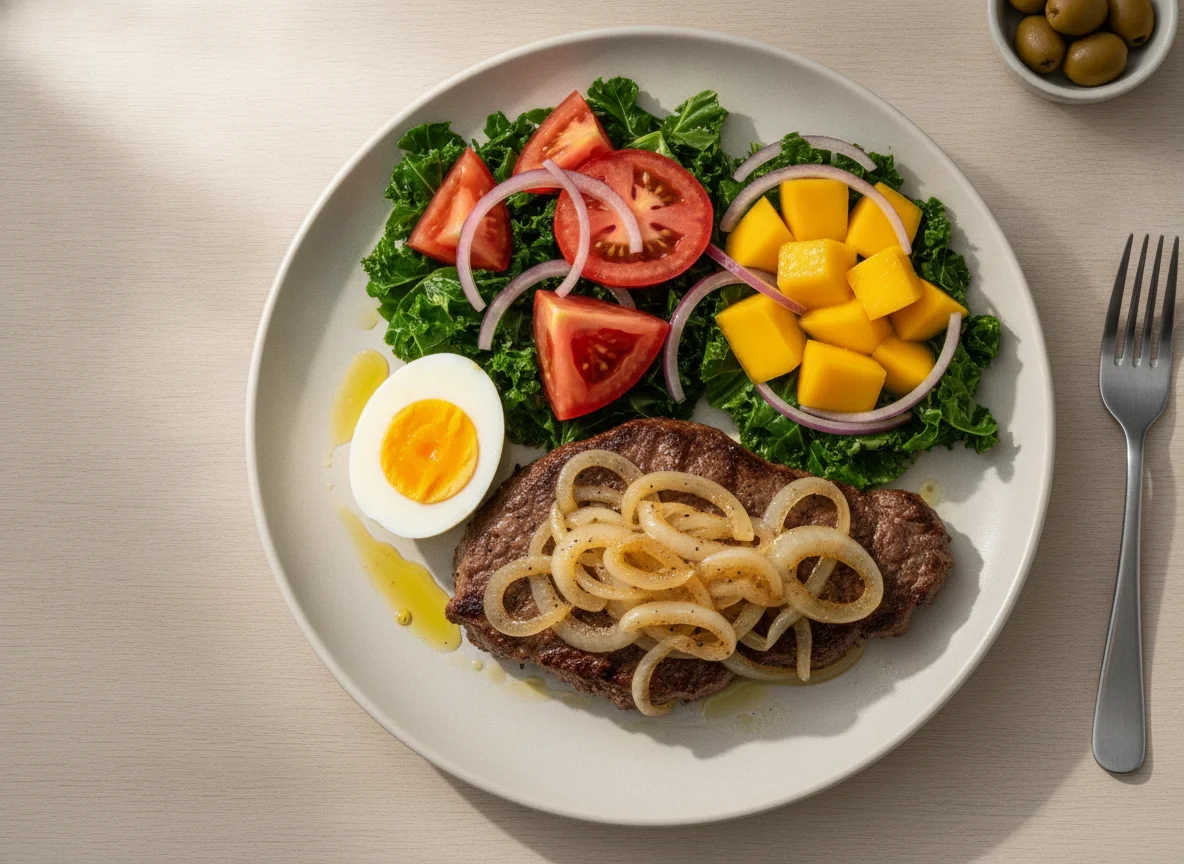 Bife acebolado com ovo cozido e salada mista photo