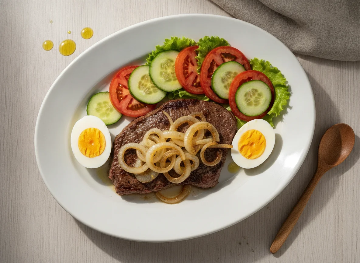 Bife acebolado com ovos cozidos e salada photo