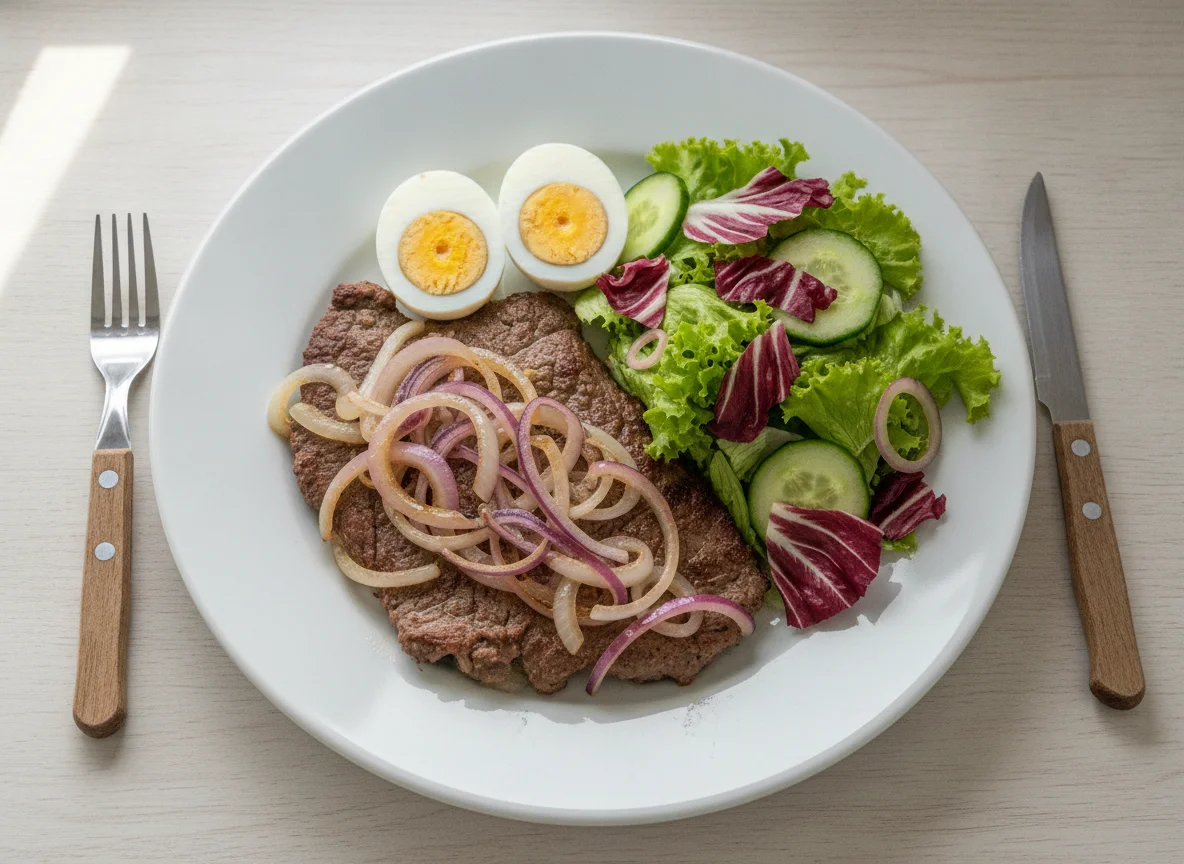 Bife acebolado com ovos cozidos e salada mista photo
