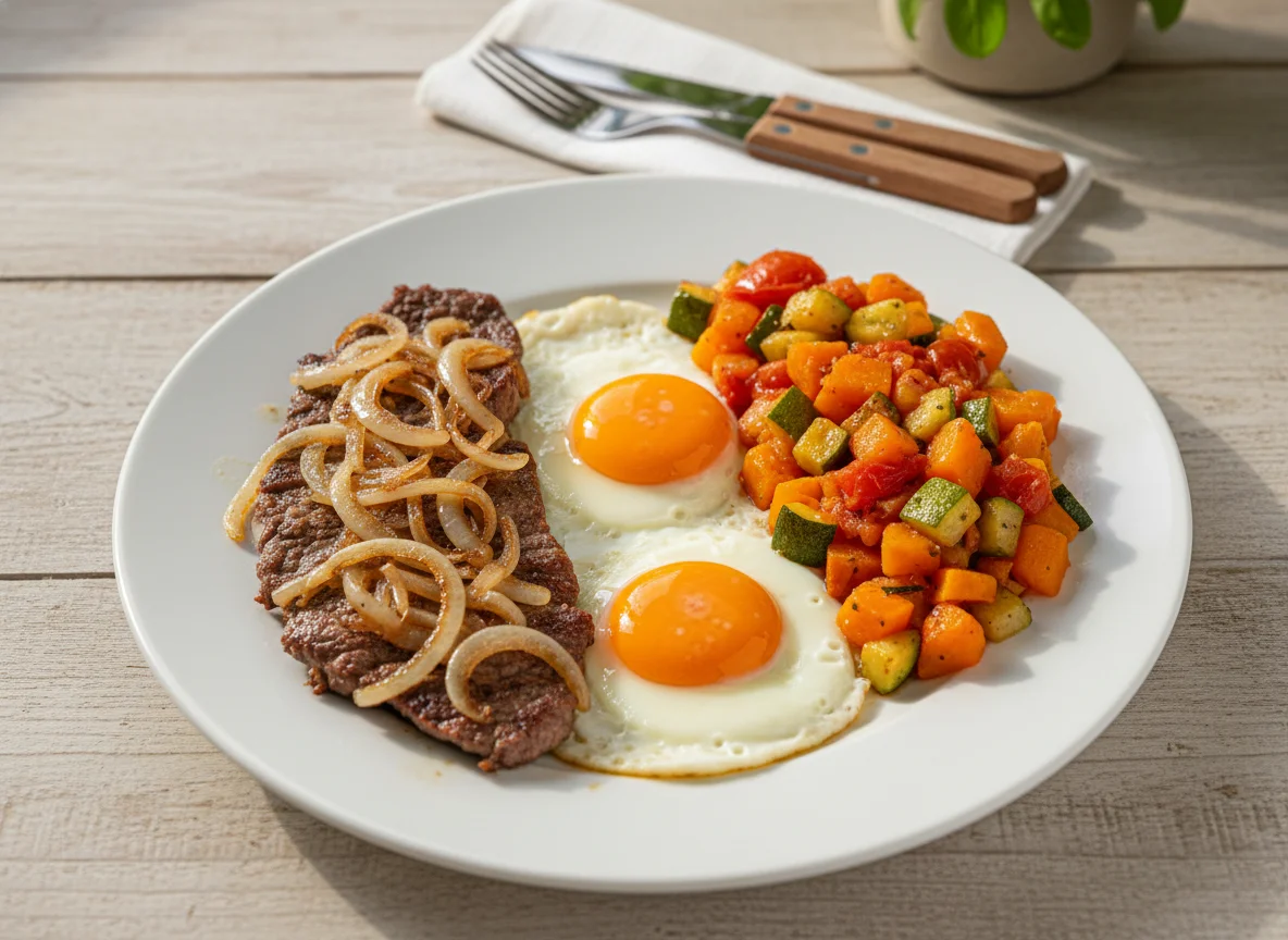 Bife acebolado com ovos e refogado de legumes photo