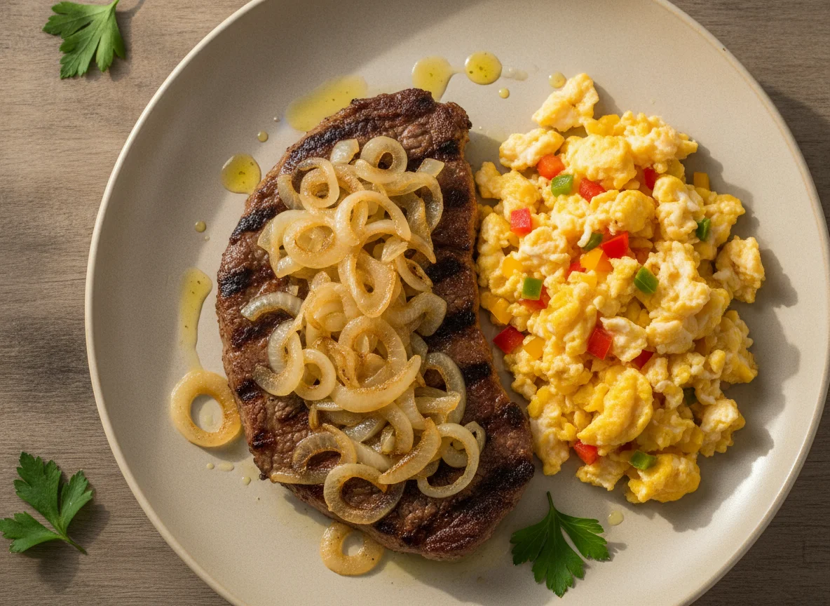 Bife acebolado com ovos mexidos e pimentão photo
