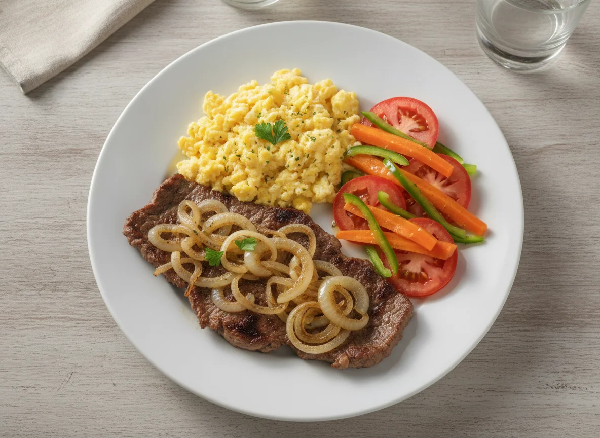 Bife acebolado com ovos mexidos e salada photo