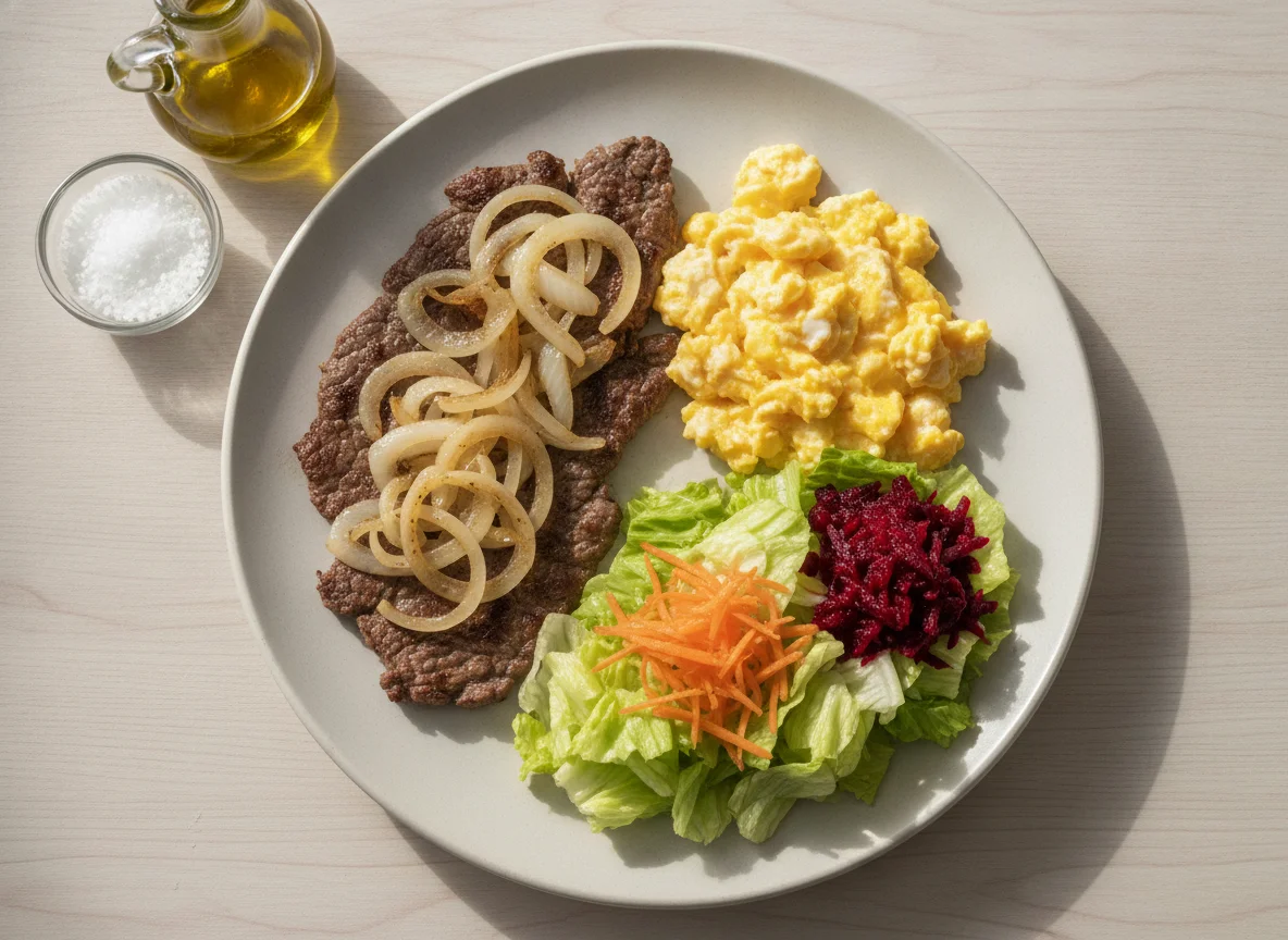 Bife acebolado com ovos mexidos e salada mista photo