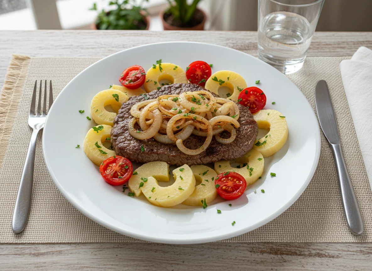 Bife acebolado com palmito e tomate photo