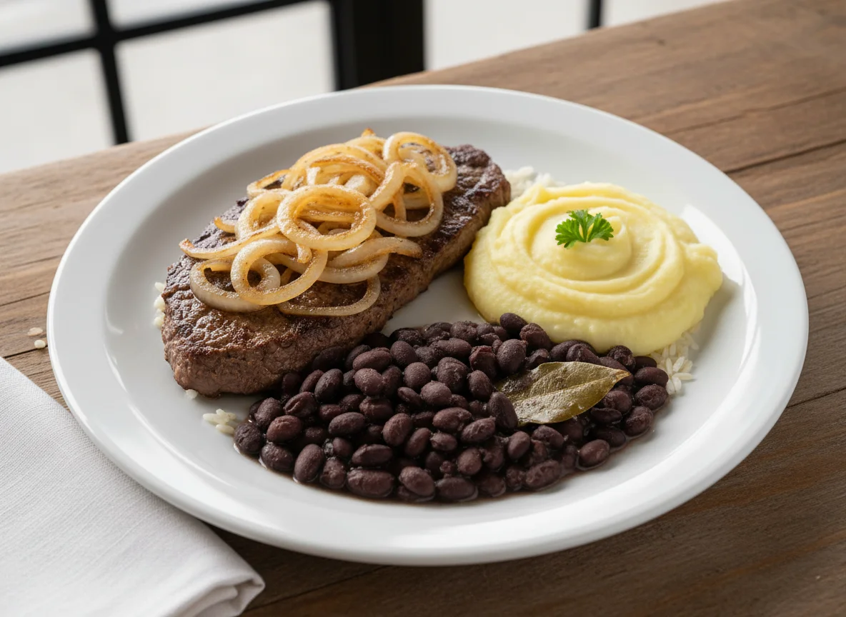 Bife acebolado com purê de batata e feijão preto photo