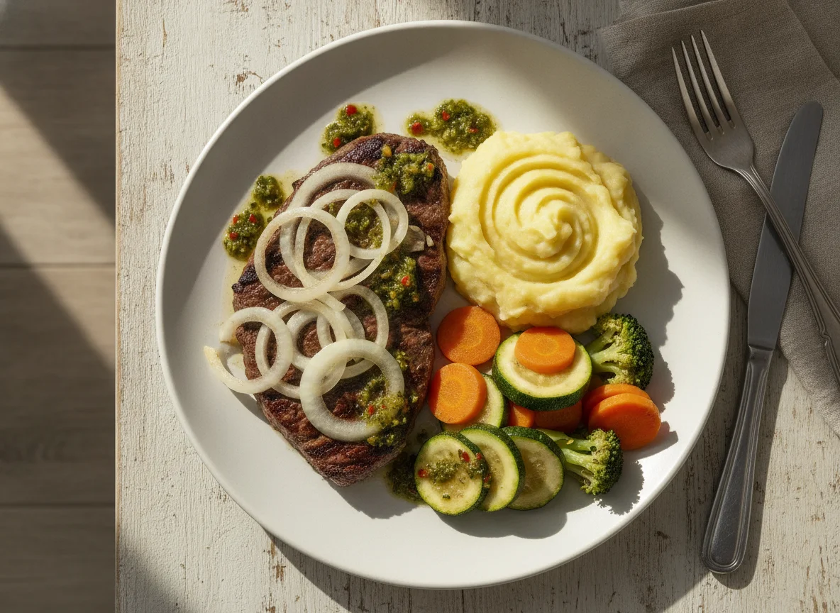 Bife acebolado com purê de batata e legumes photo