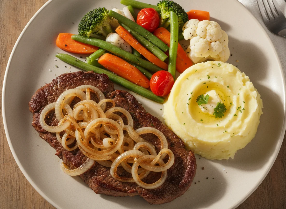 Bife acebolado com purê de batata e legumes no vapor photo