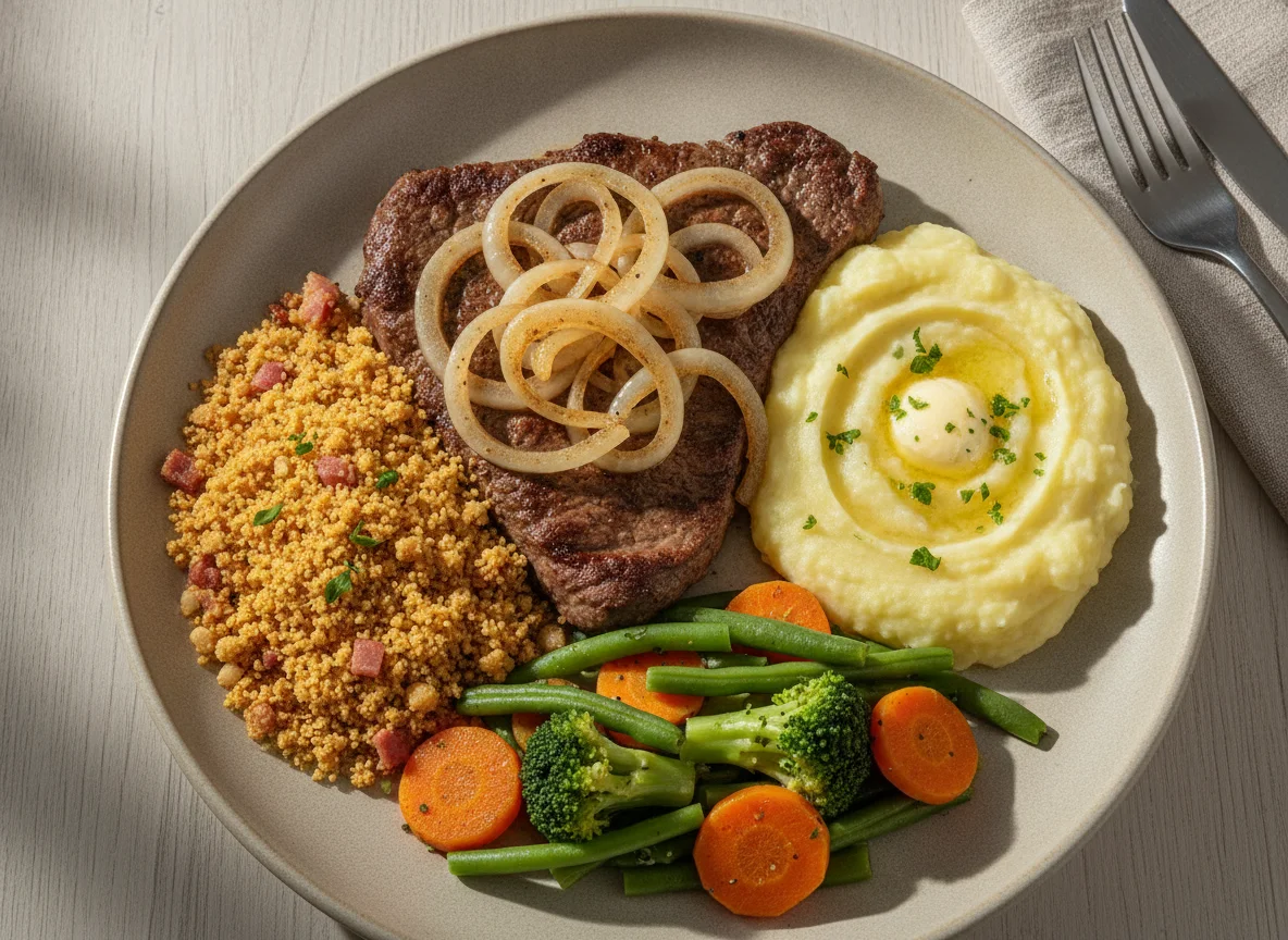 Bife acebolado com purê de batata, farofa e legumes photo
