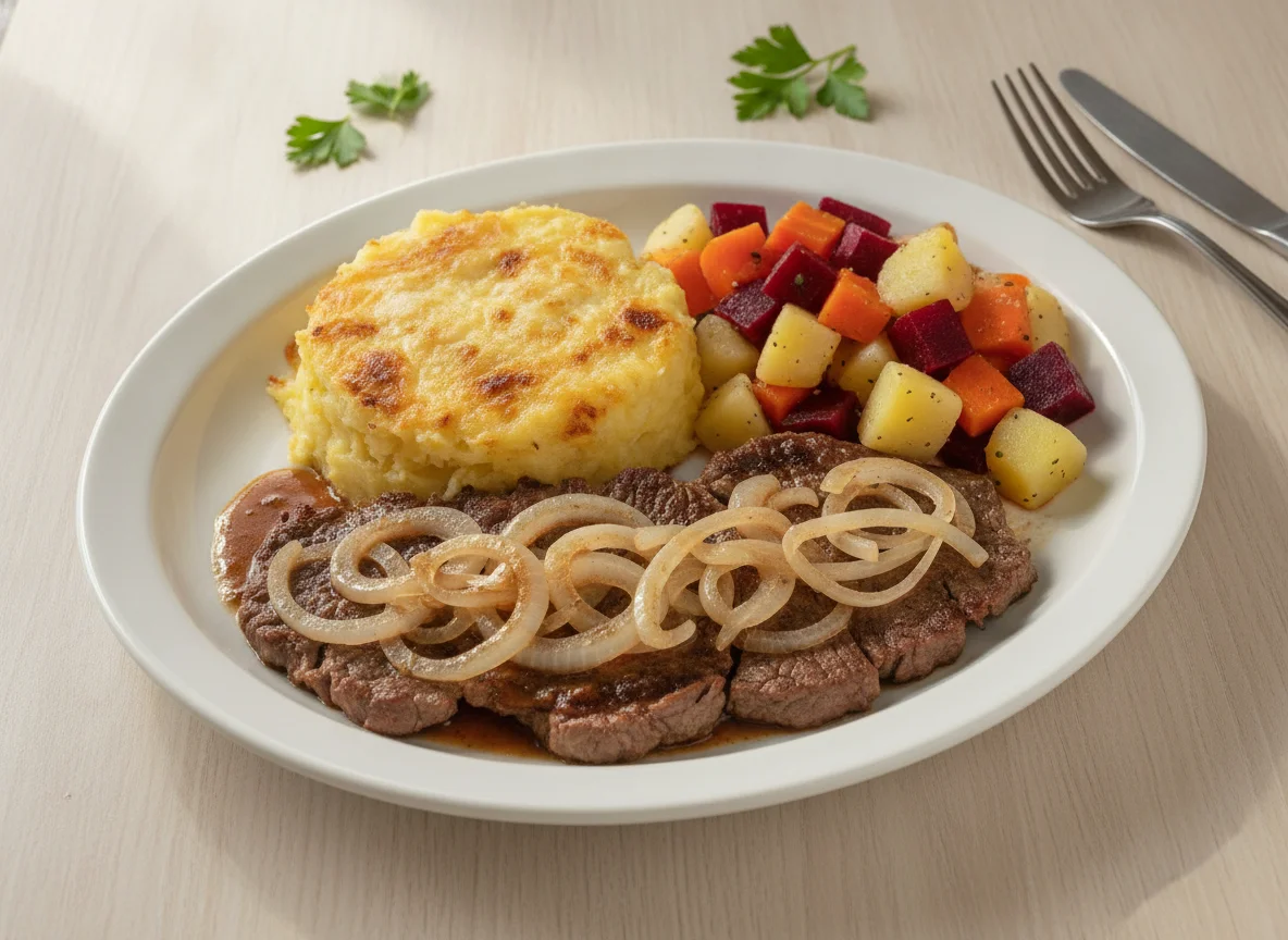 Bife acebolado com purê de batata gratinado e salada de legumes photo