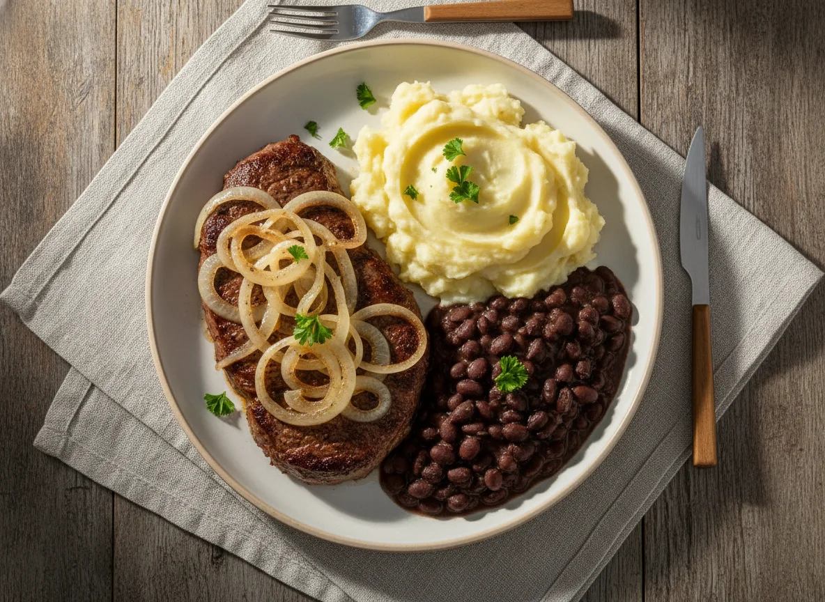 Bife Acebolado com Purê e Feijão photo
