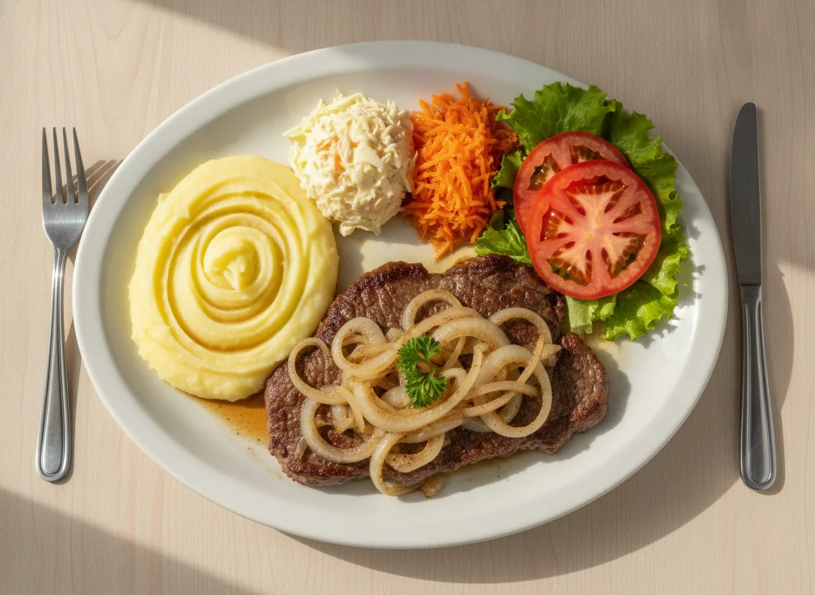 Bife acebolado com purê e salada photo