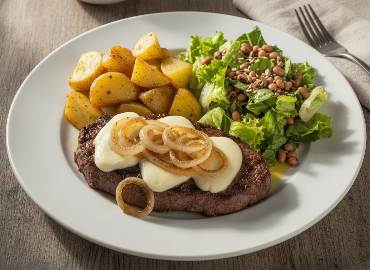 Bife acebolado com queijo, batatas sauté e salada mista photo
