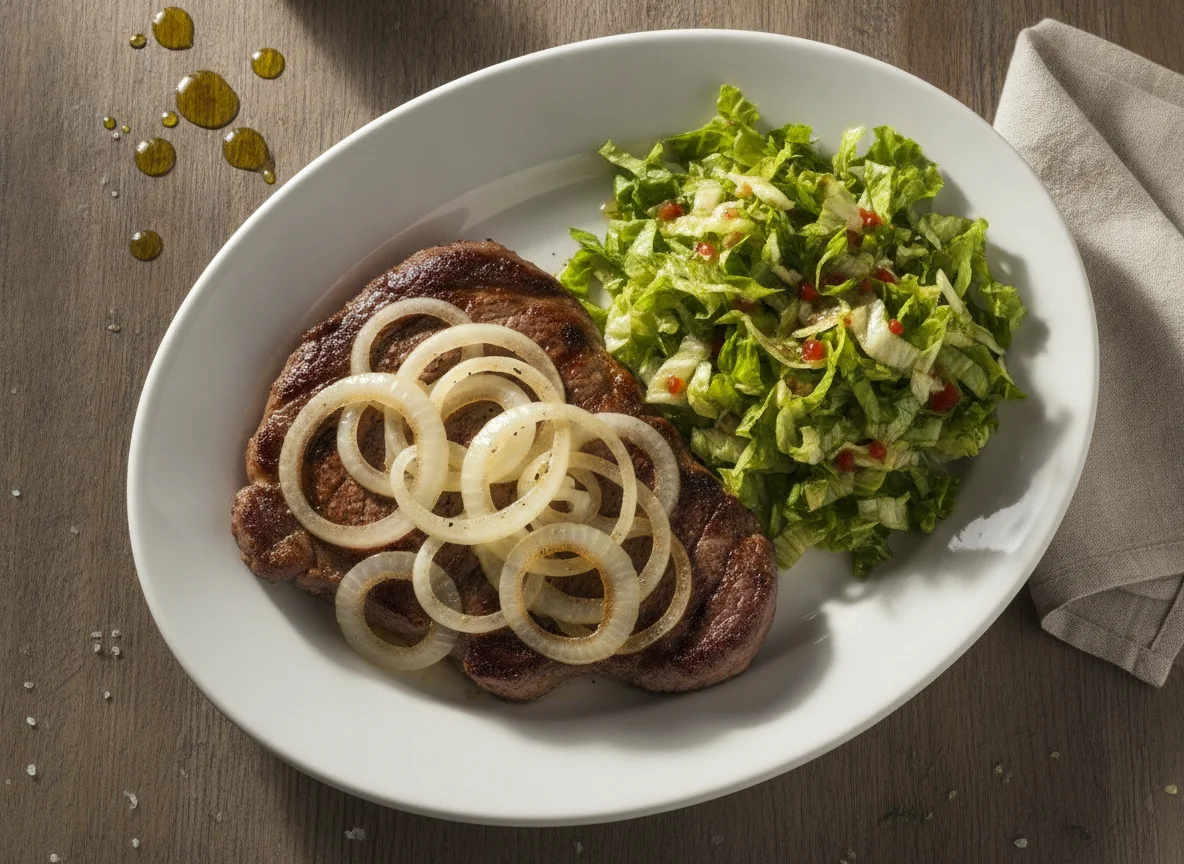 Bife acebolado com salada de alface photo