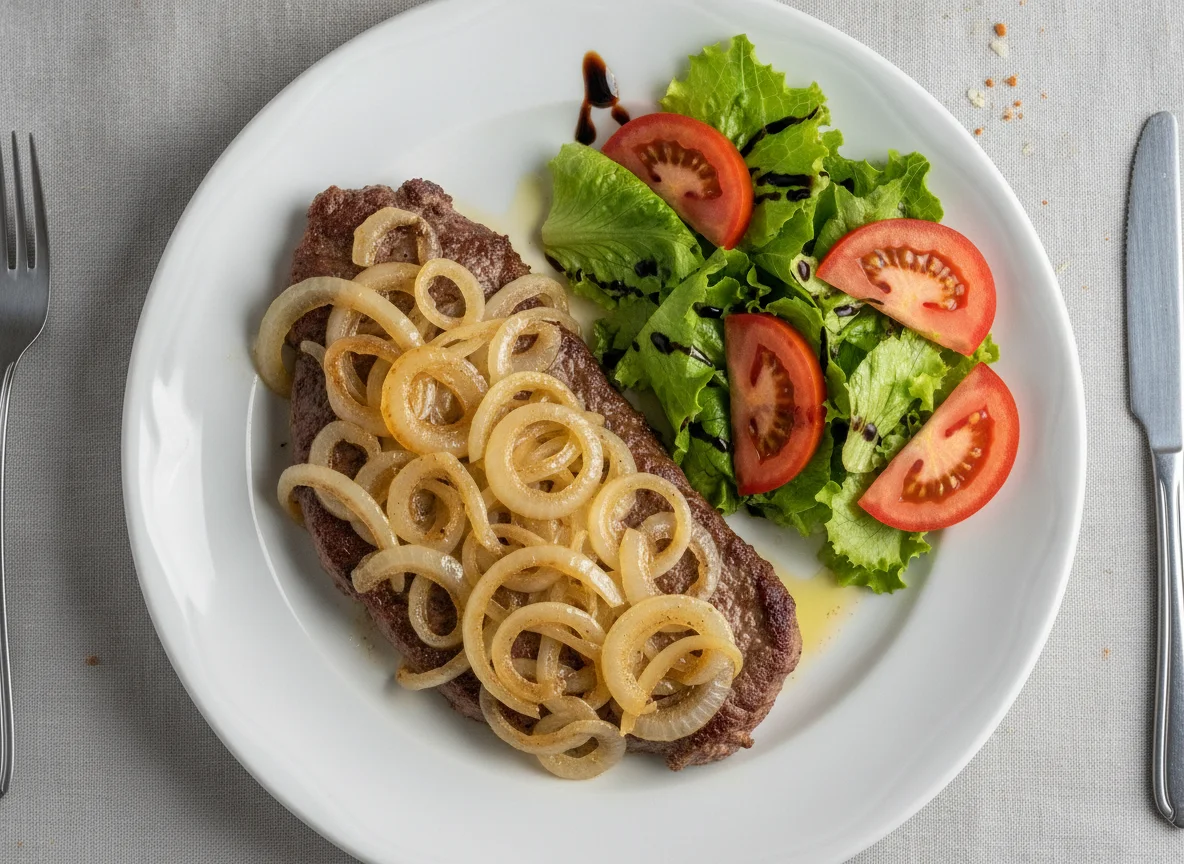 Bife acebolado com salada de alface e tomate photo