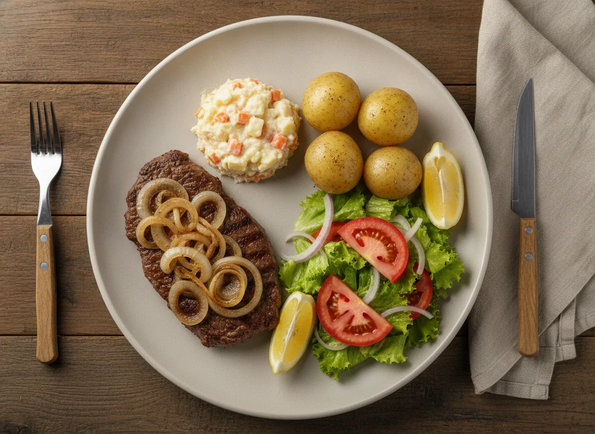 Bife acebolado com salada de maionese, batatas cozidas e salada fresca photo