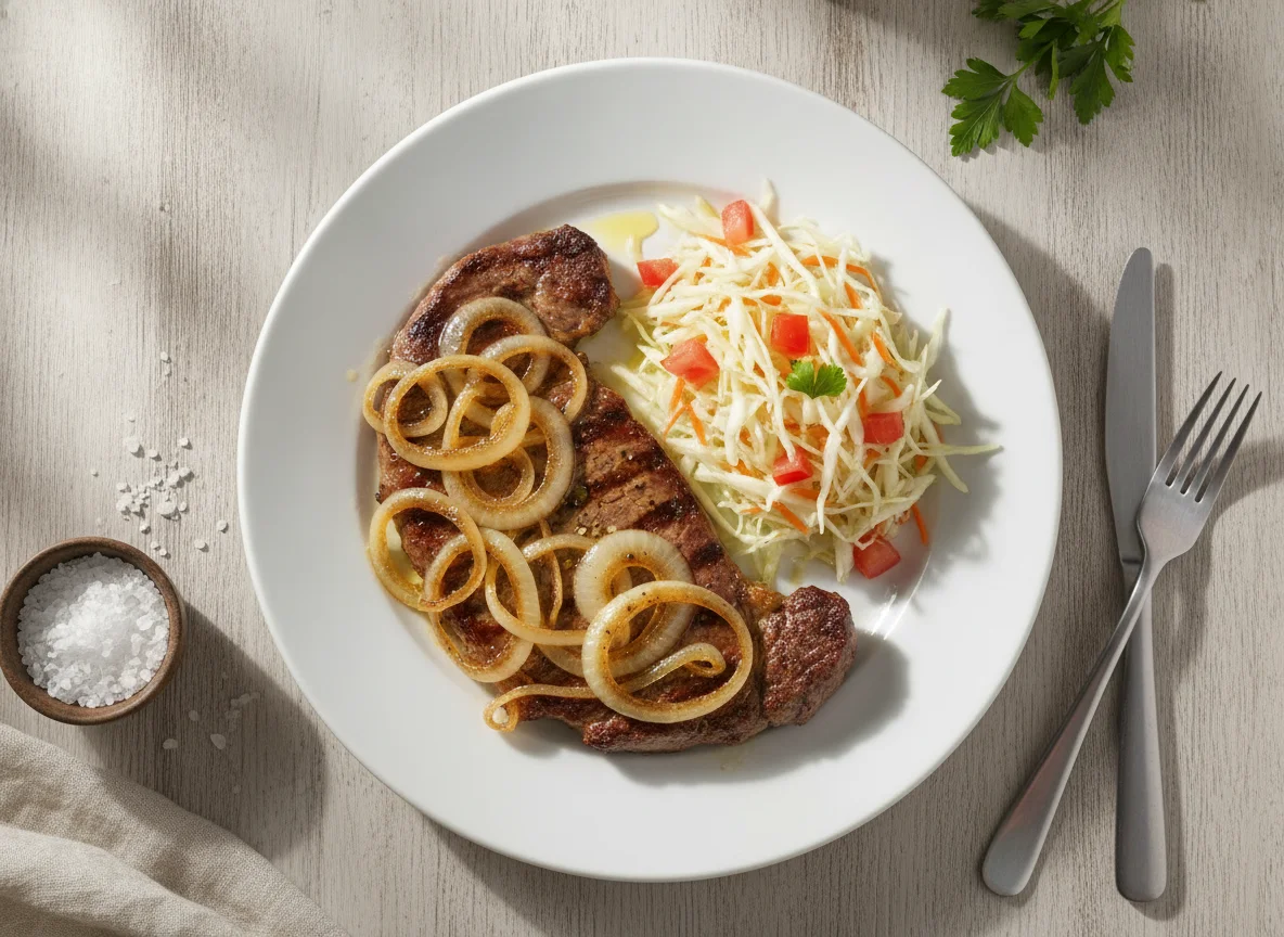 Bife acebolado com salada de repolho e cenoura photo