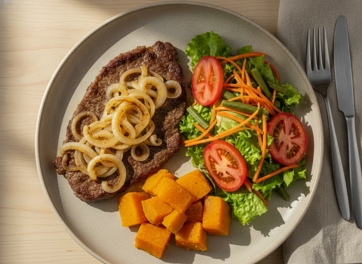 Bife acebolado com salada e abóbora photo