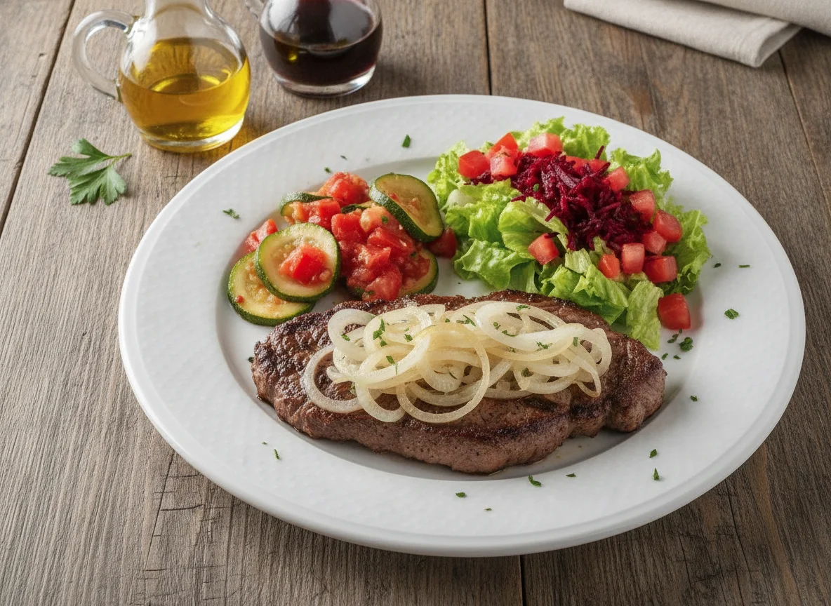 Bife acebolado com salada e abobrinha refogada photo