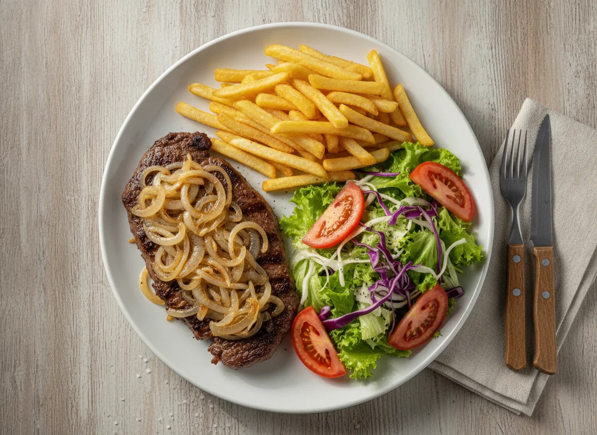 Bife acebolado com salada e batata frita photo