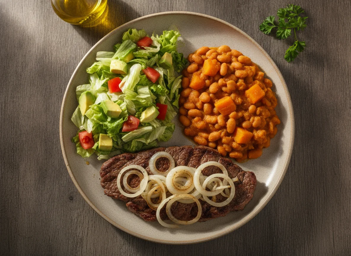 Bife acebolado com salada e feijão com abóbora photo