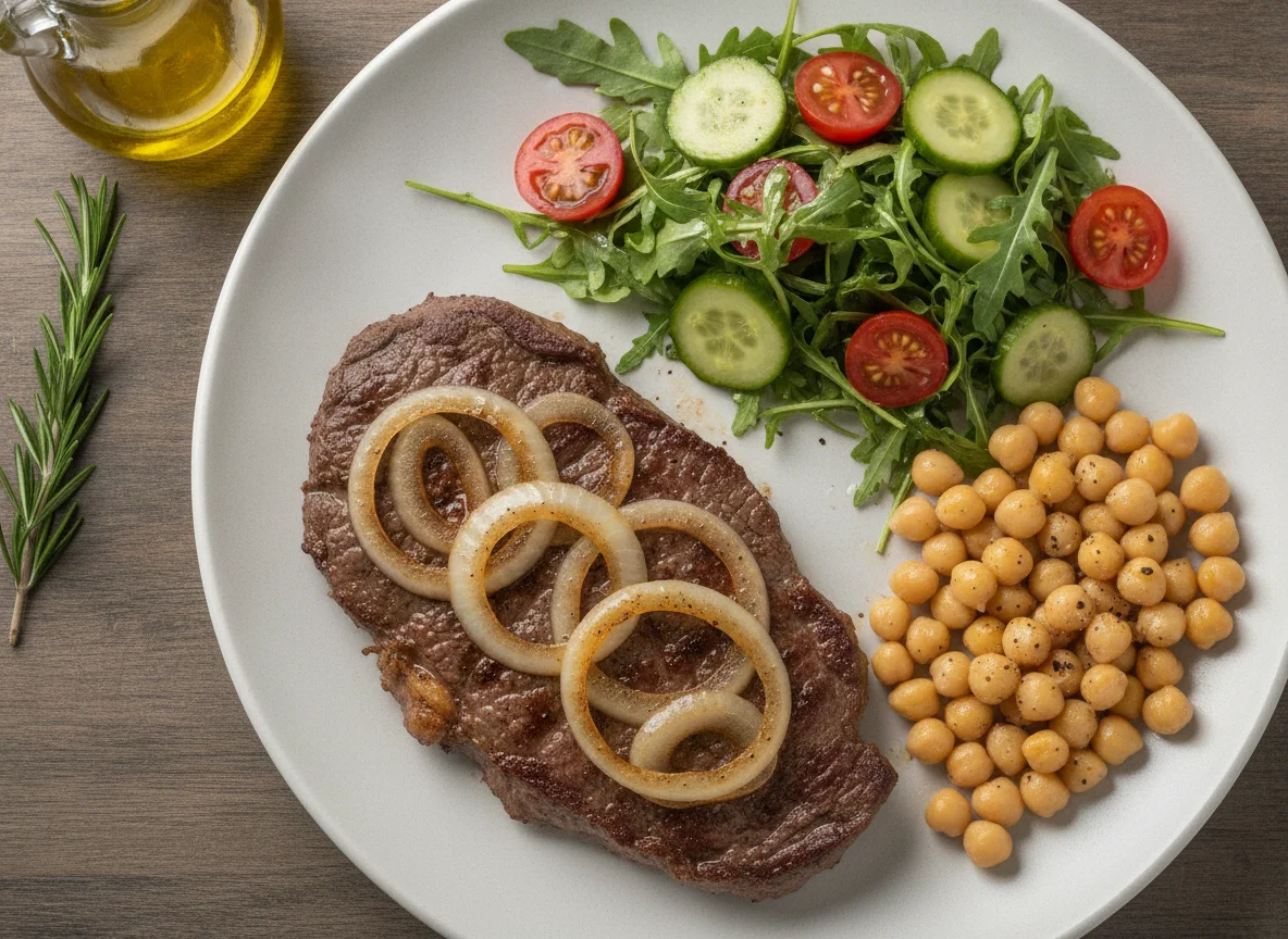 Bife acebolado com salada e grão-de-bico photo