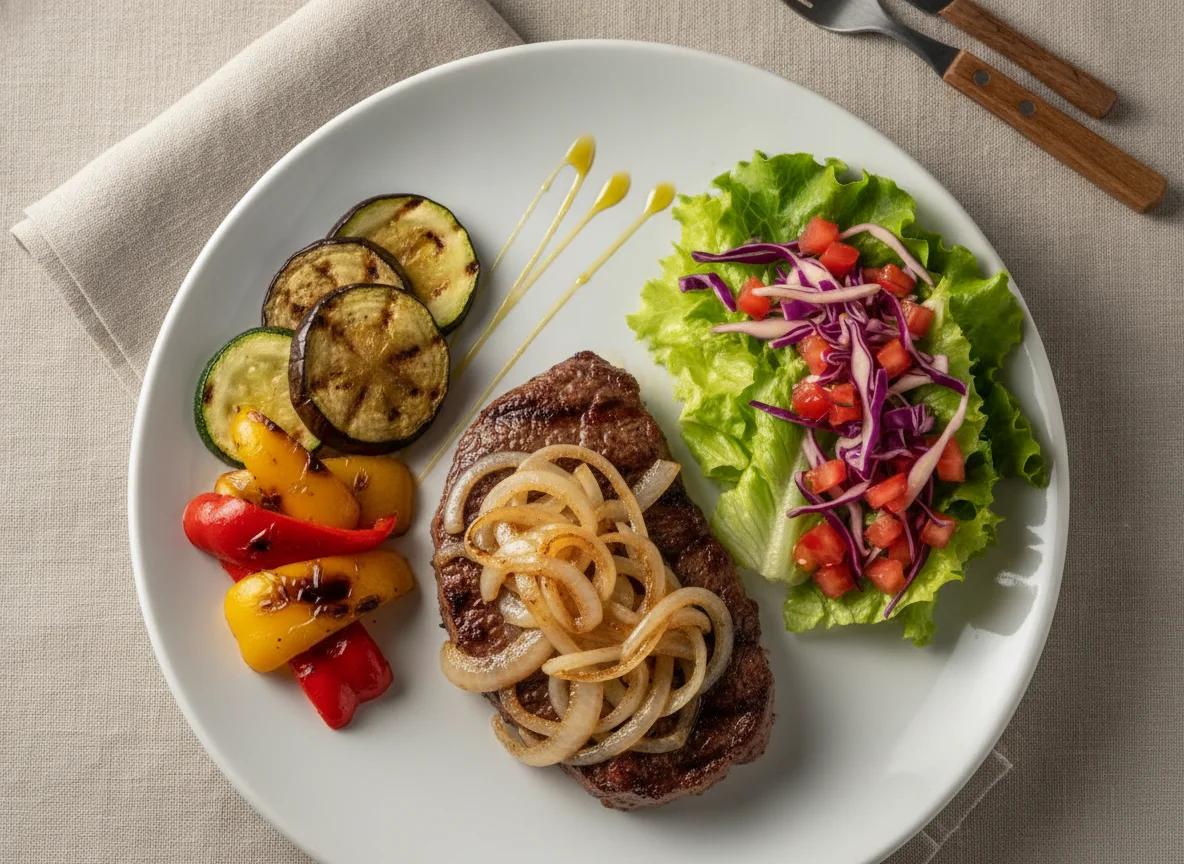 Bife acebolado com salada e legumes grelhados photo