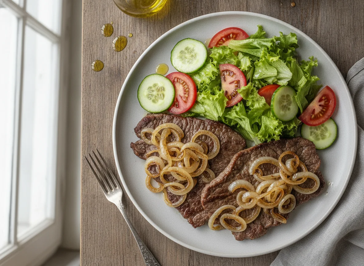 Bife acebolado com salada mista photo