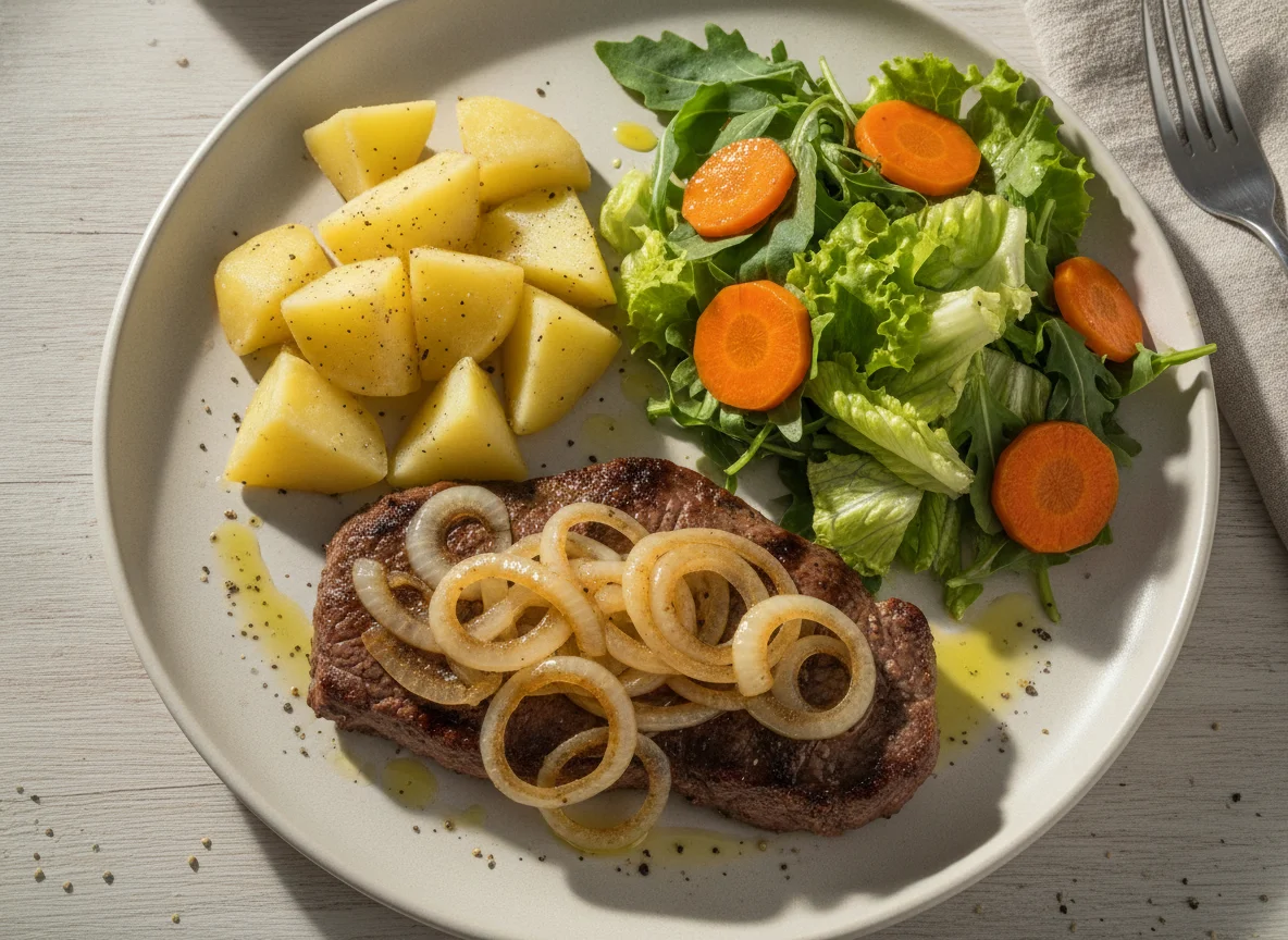Bife acebolado com salada mista e batata photo
