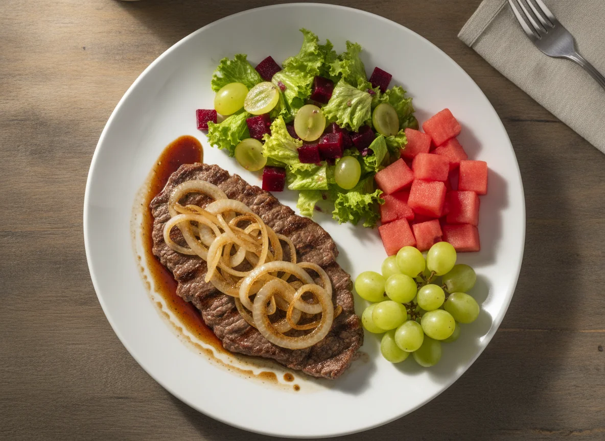 Bife acebolado com salada mista e frutas photo