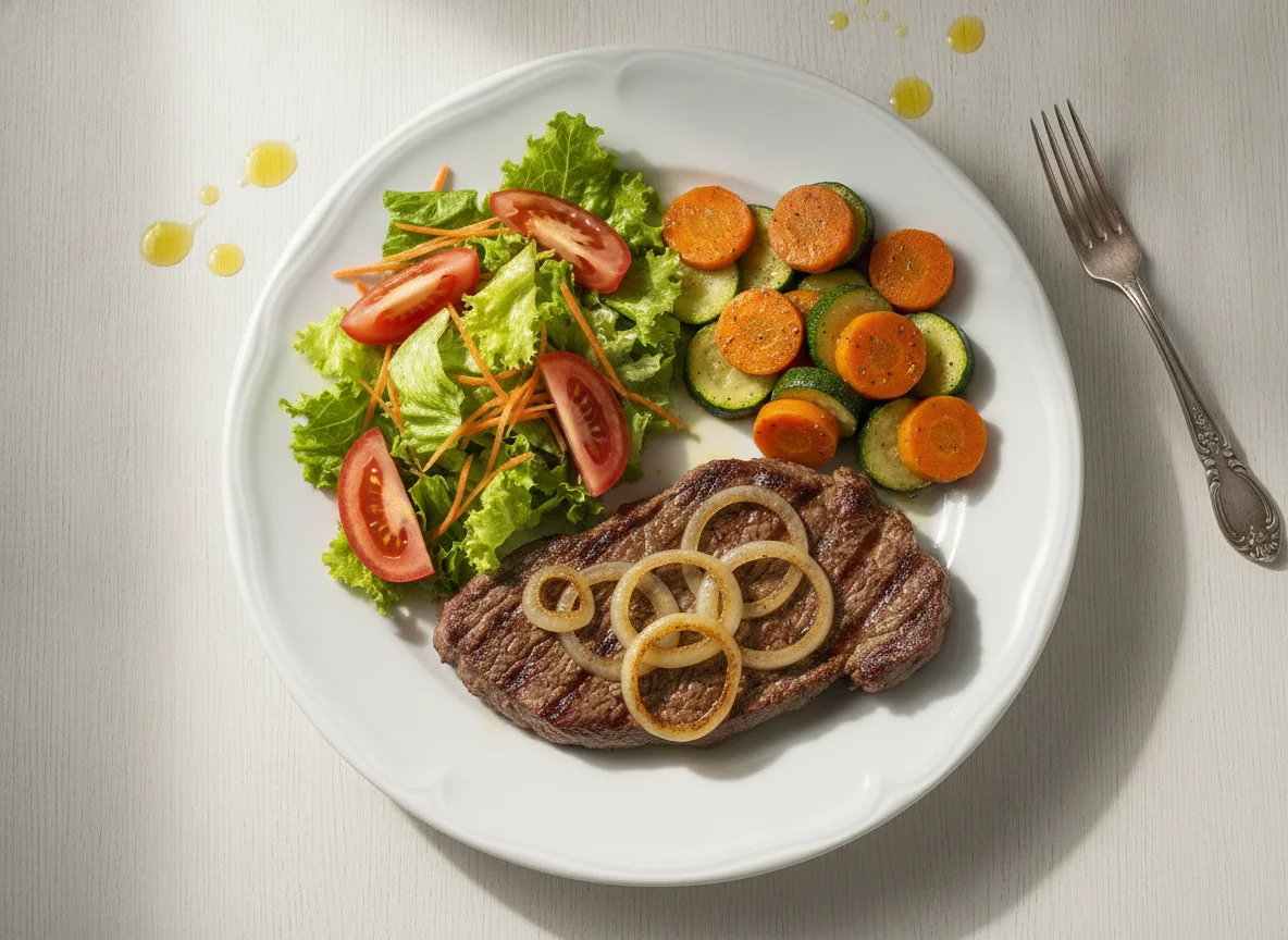 Bife acebolado com salada mista e legumes photo
