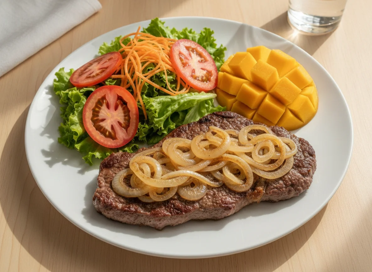 Bife acebolado com salada mista e manga photo