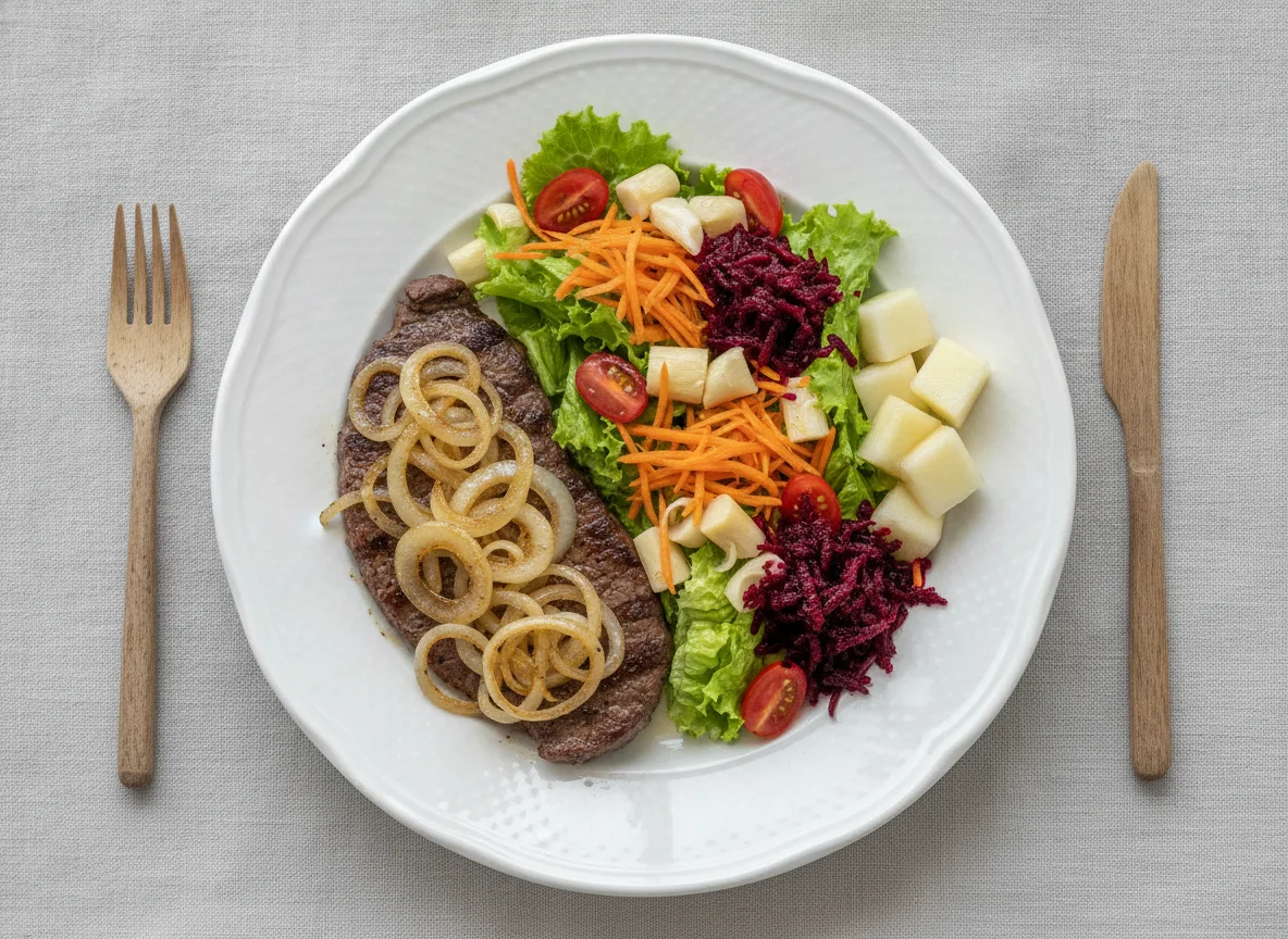 Bife acebolado com salada mista e melão photo