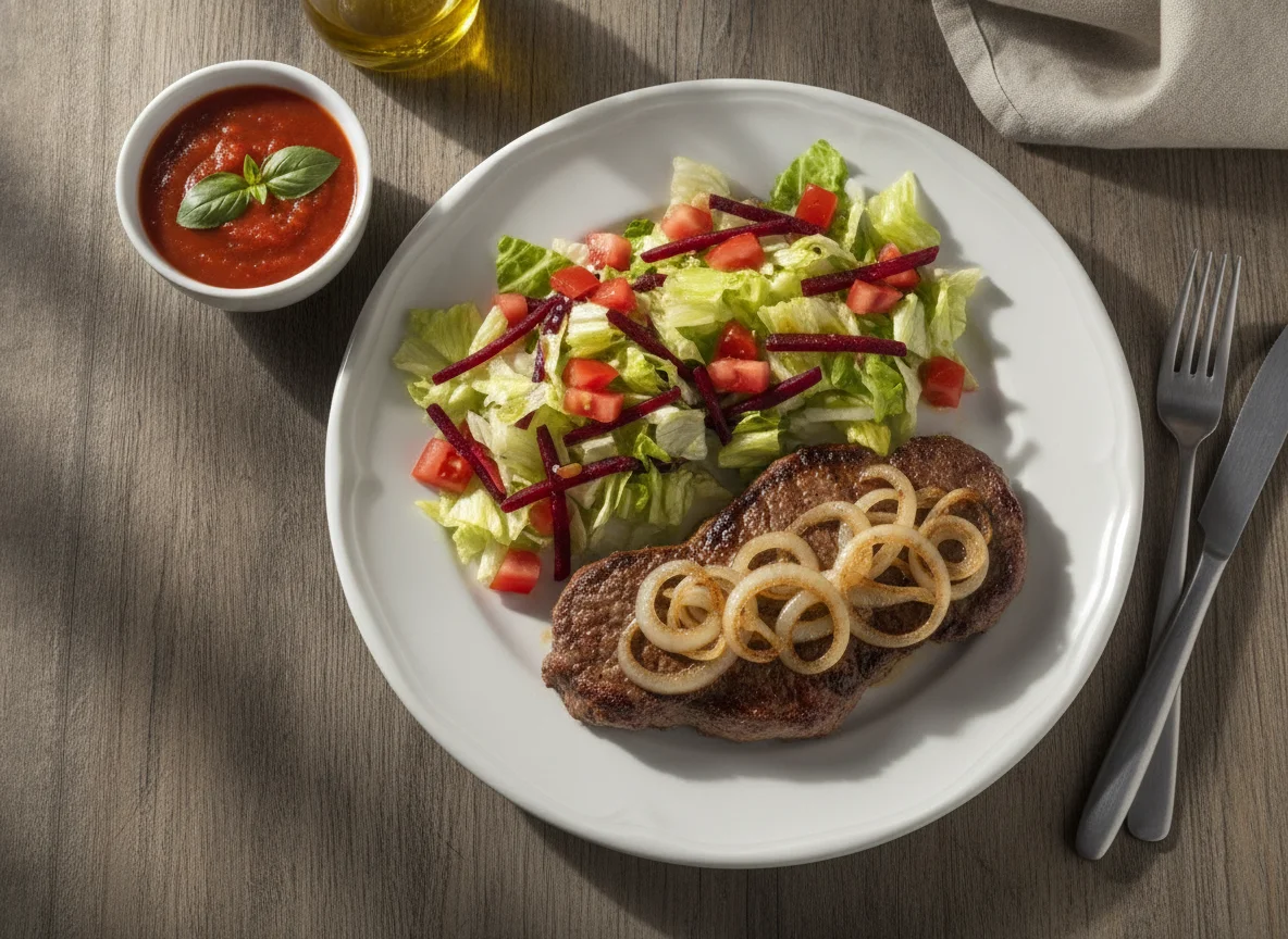 Bife acebolado com salada mista e molho de tomate photo