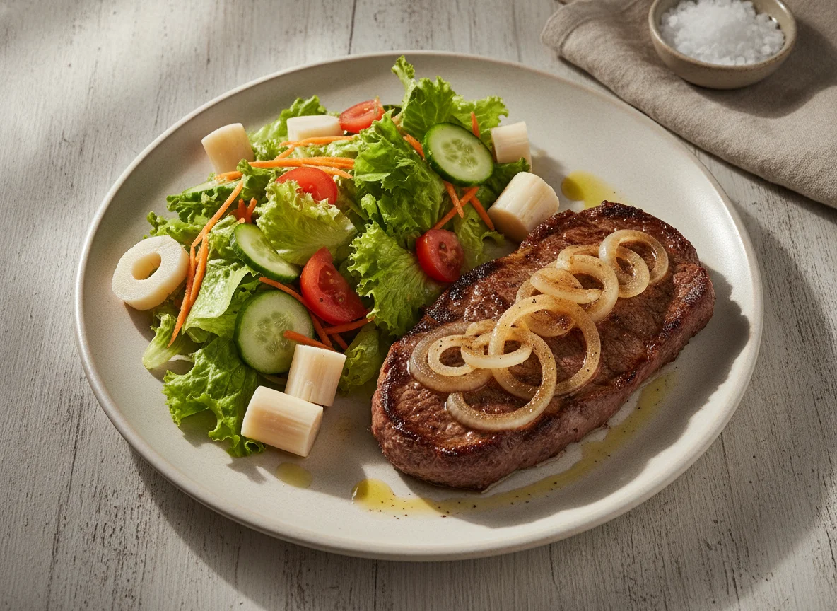 Bife acebolado com salada mista e palmito photo